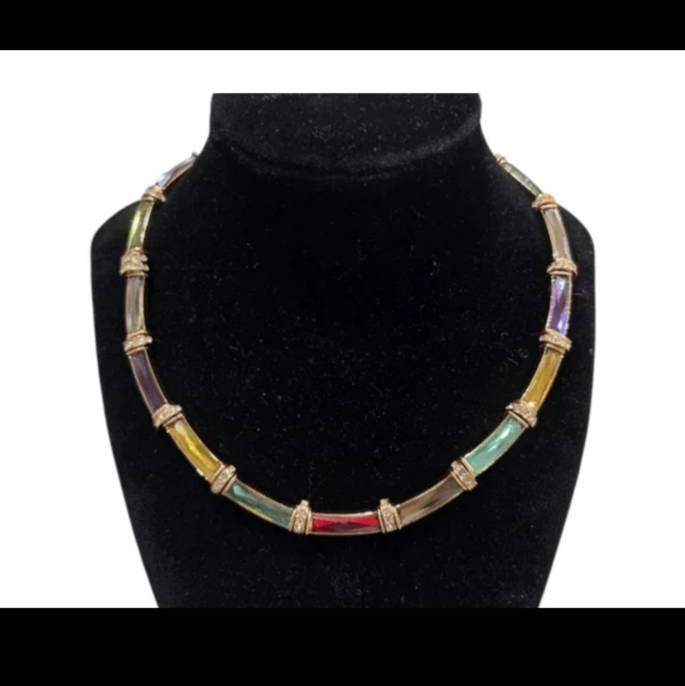 Rainbow Crystal Bamboo Link Collar Necklace - Gold Tone - 14" + 3" Extender NWT